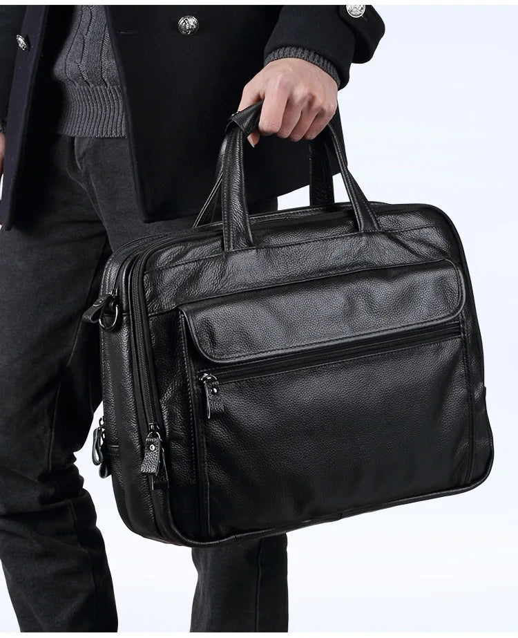 Men's Genuine Leather Zipper Closure Solid Pattern Shoulder Bag