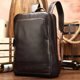 Men's Genuine Leather Zipper Closure Slot Pocket Laptop Backpack