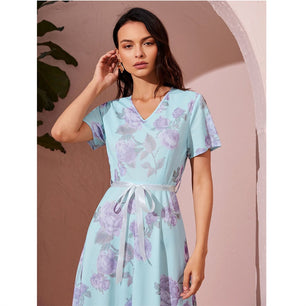 Women's Arabian V-Neck Polyester Full Sleeve Floral Pattern Dresses