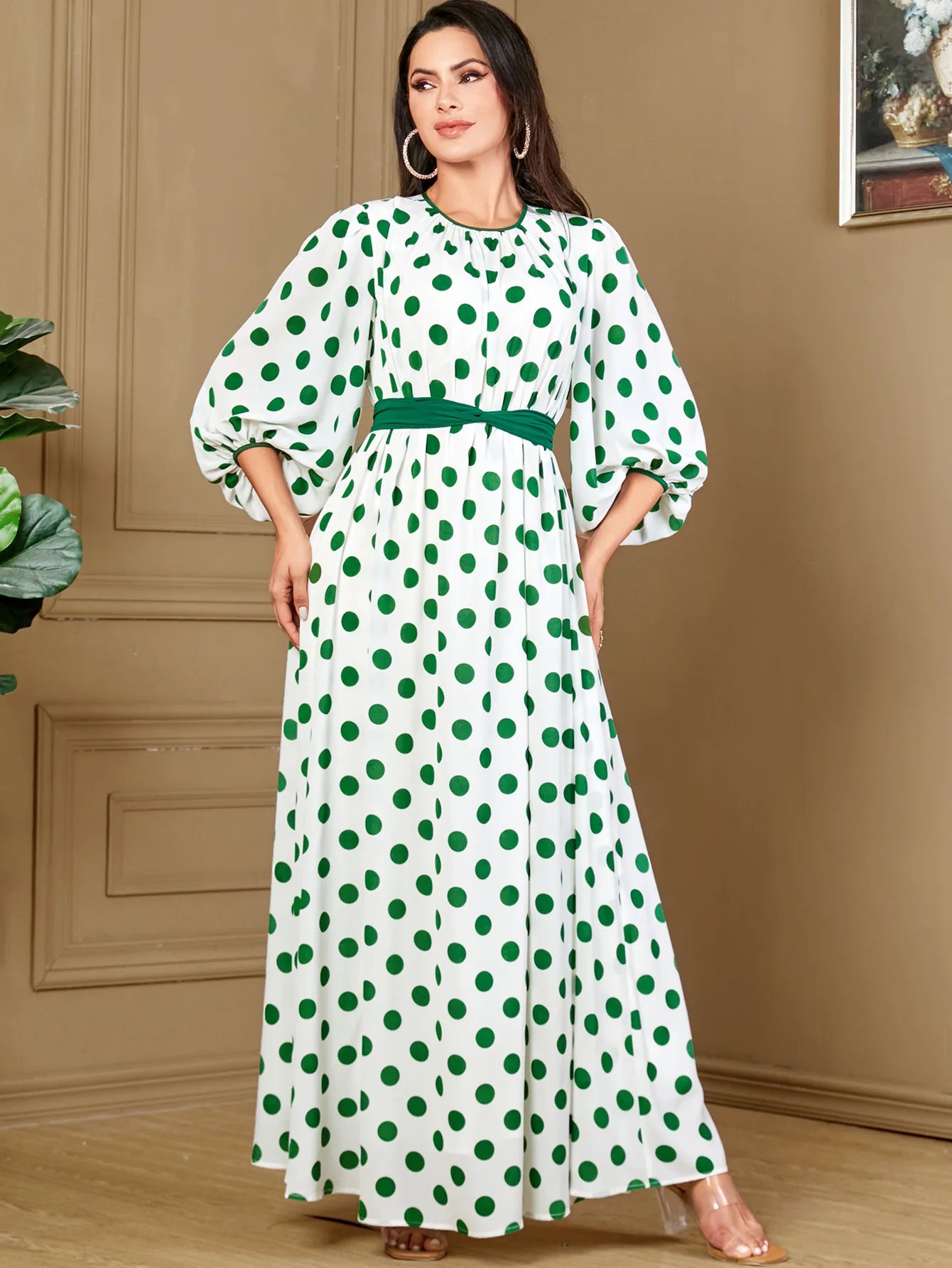 Women's Arabian Polyester Full Sleeves Dotted Pattern Dress