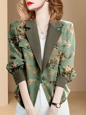 Women's Cotton Notched Long Sleeves Floral Pattern Casual Blazers