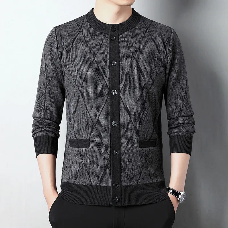 Men's Acrylic Full Sleeve Single Breasted Geometric Sweater