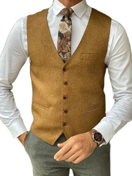 Men's Polyester V-Neck Sleeveless Single Breasted Formal Vests