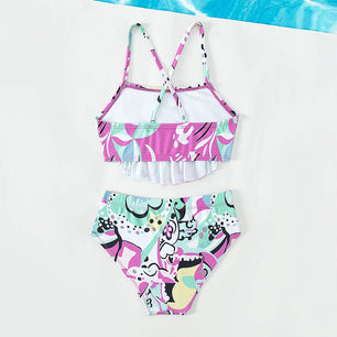 Kid's Polyester Square-Neck Printed Pattern Trendy Swimwear Suit