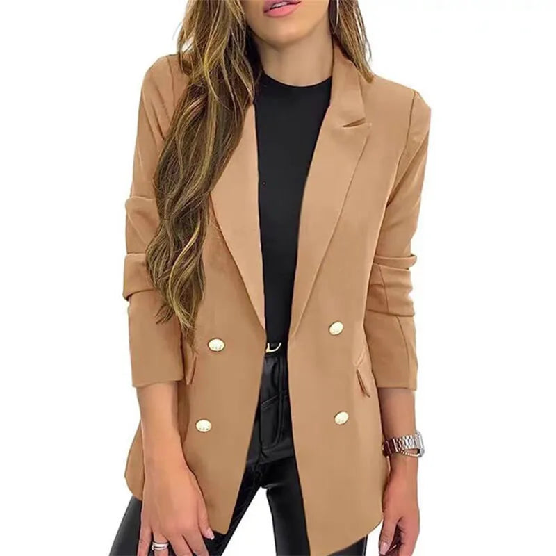 Women's Notched Collar Long Sleeve Double Breasted Casual Blazer