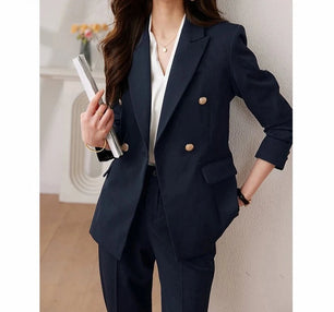 Women's Cotton Notched Long Sleeves Single Breasted Blazer Set