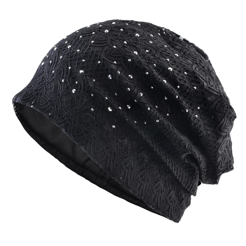 Women's Cotton Skullies Beanies Rhinestone Pattern Breathable Cap