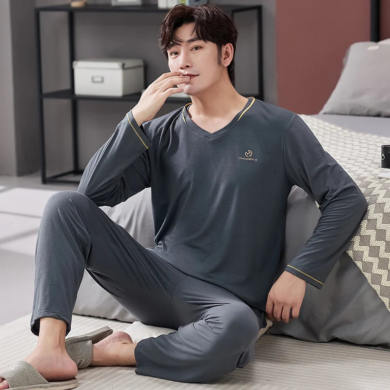 Men's Cotton O-Neck Long Sleeves Trendy Sleepwear Pajamas Set