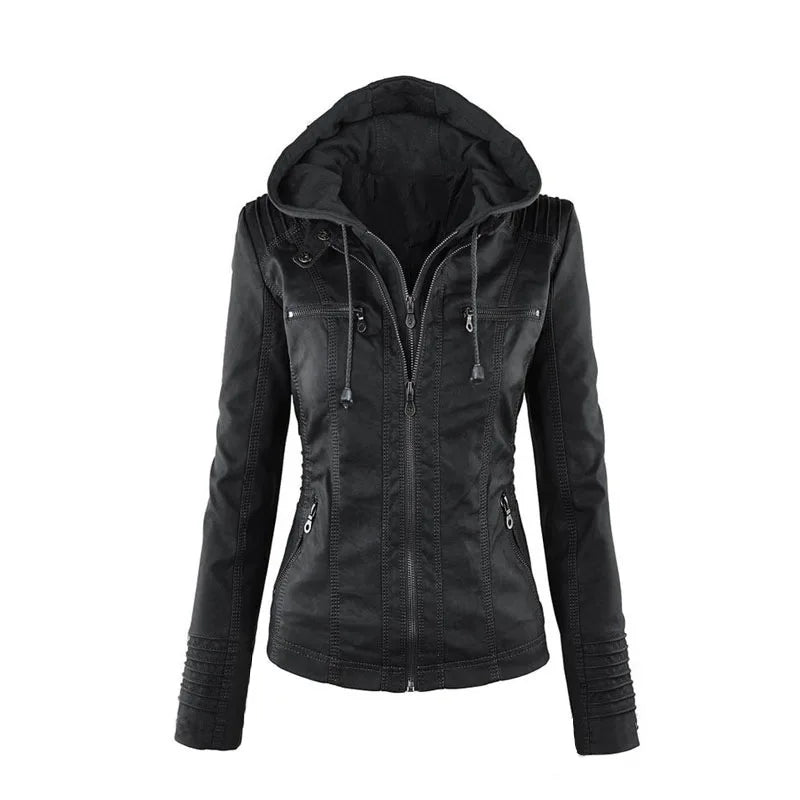 Women's Faux Leather Long Sleeves Solid Pattern Hooded Jacket