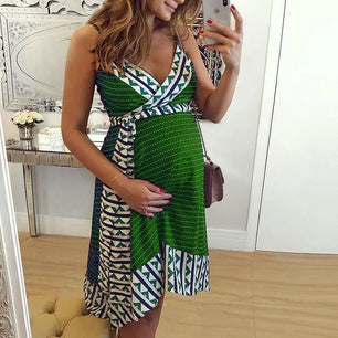 Women's Cotton V-Neck Sleeveless Printed Pattern Maternity Dress