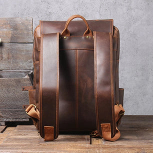 Men's Genuine Leather Zipper Closure Solid Pattern Backpack