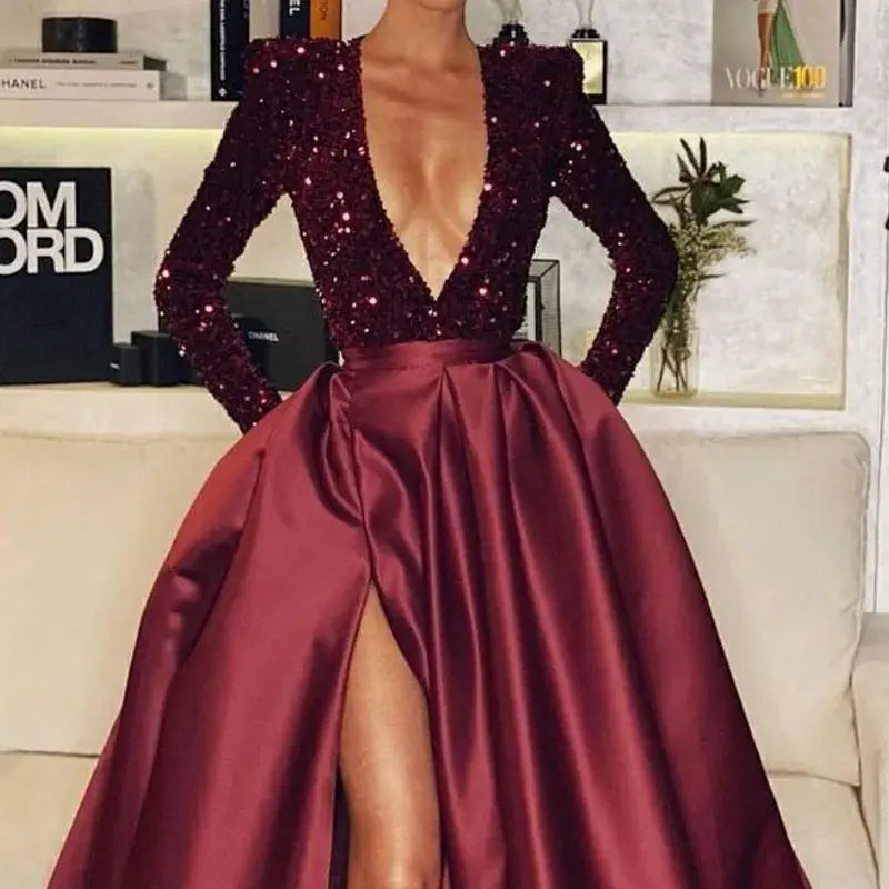 Women's Polyester V-Neck Long Sleeve Sequined Evening Dress