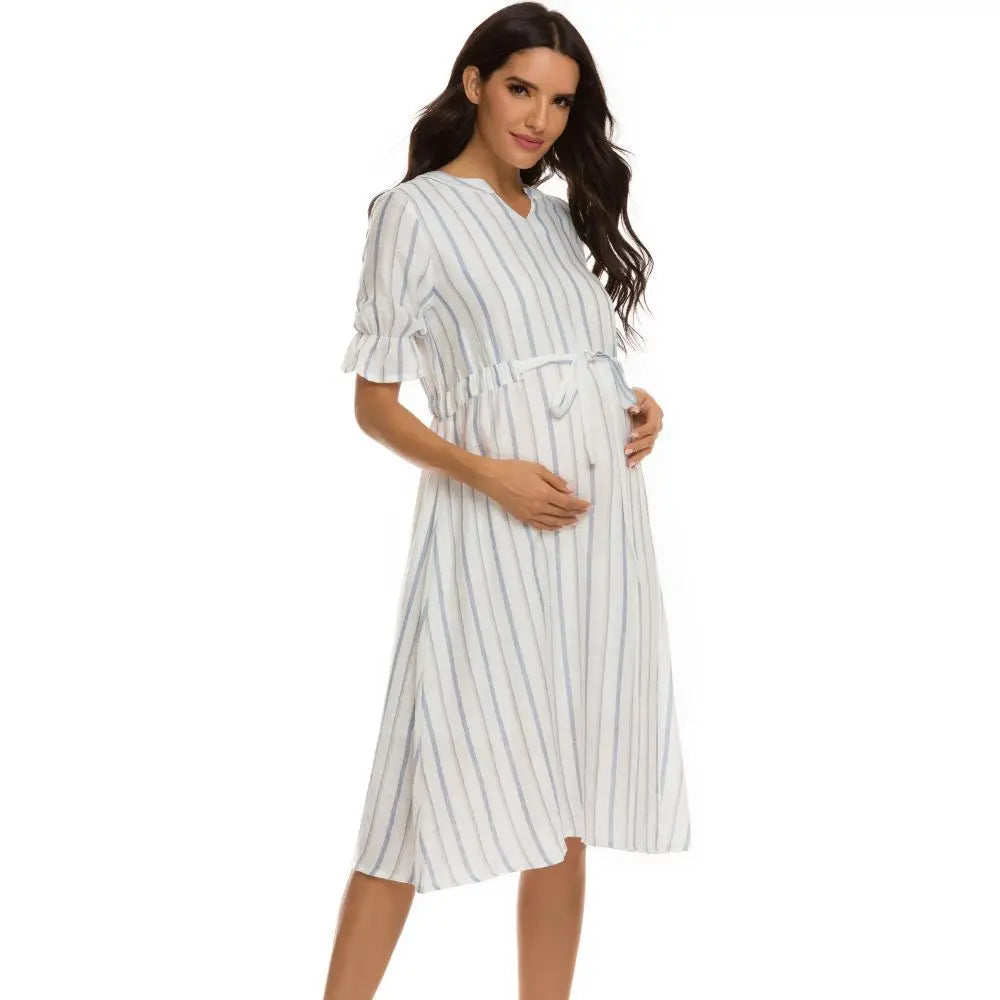 Women's Polyester V-Neck Short Sleeves Striped Maternity Dress