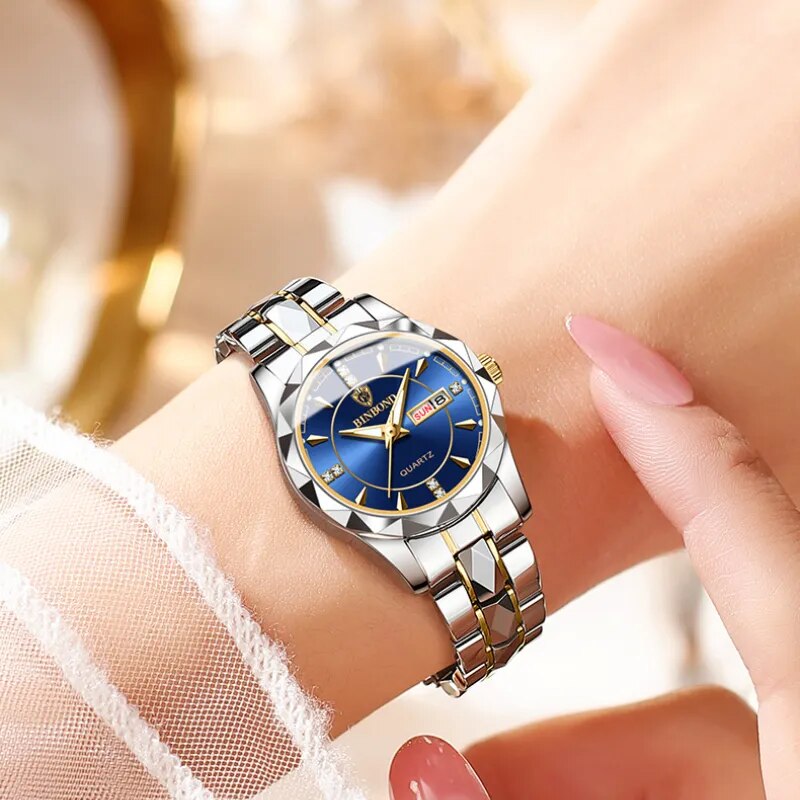 Women's Stainless Steel Case Push Button Hidden Clasp Round Watch