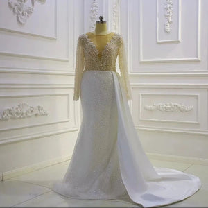 Women's V-Neck Long Sleeves Court Train Mermaid Wedding Dress