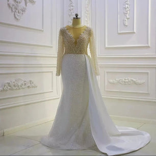 Women's V-Neck Long Sleeves Court Train Bridal Wedding Dress