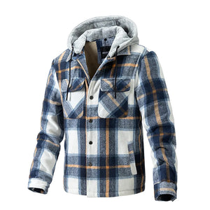 Men's Polyester Full Sleeves Plaid Pattern Hooded Casual Jackets