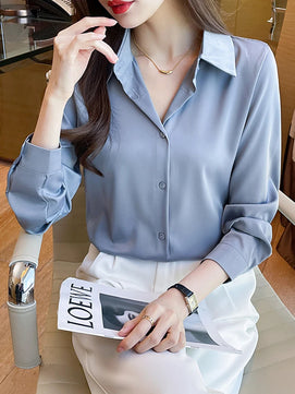 Women's Acetate Turn-Down Collar Long Sleeve Casual Wear Blouse