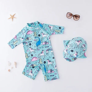 Kid's Girl Spandex Full Sleeve Printed Pattern Swimsuit With Cap
