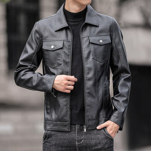 Men's 100% Faux Leather Turn Down Collar Zipper Closure Jacket