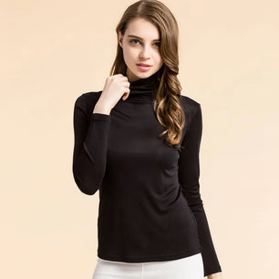 Women's Silk Turtleneck Long Sleeve Solid Pattern Casual Tops