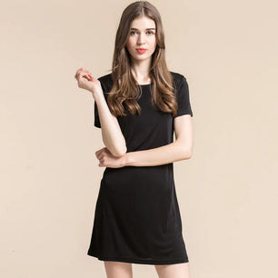 Women's Silk O-Neck Short Sleeves Nightgown Sexy Sleepwear Dress