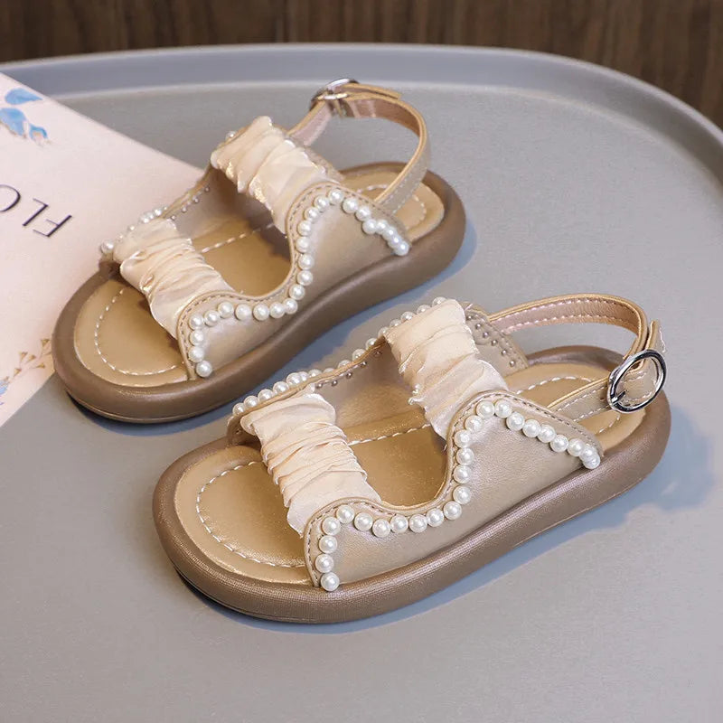 Kid's PU Open Toe Beaded Pattern Hook Loop Closure Sandals