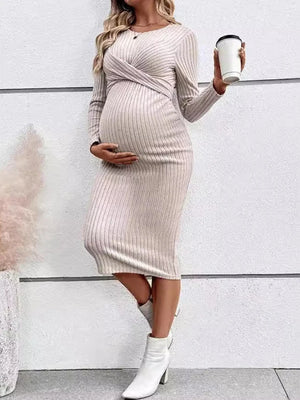 Women's Polyester O-Neck Long Sleeves Patchwork Maternity Dress