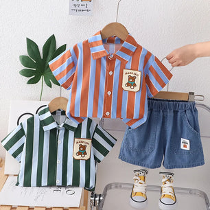 Kid's Cotton Turn-Down Collar Short Sleeve Striped Pattern Clothes