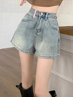 Women's Polyester High Waist Button Fly Casual Plain Denim Shorts