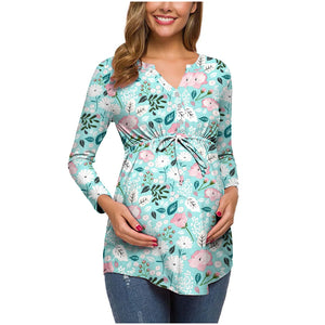 Women's Polyester V-Neck Long Sleeves Floral Maternity T-Shirt