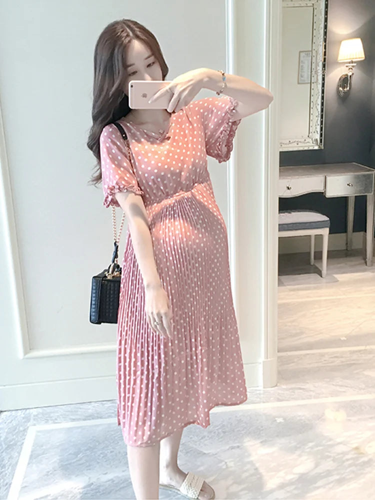 Women’s Polyester V-Neck Short Sleeves Dotted Maternity Dress