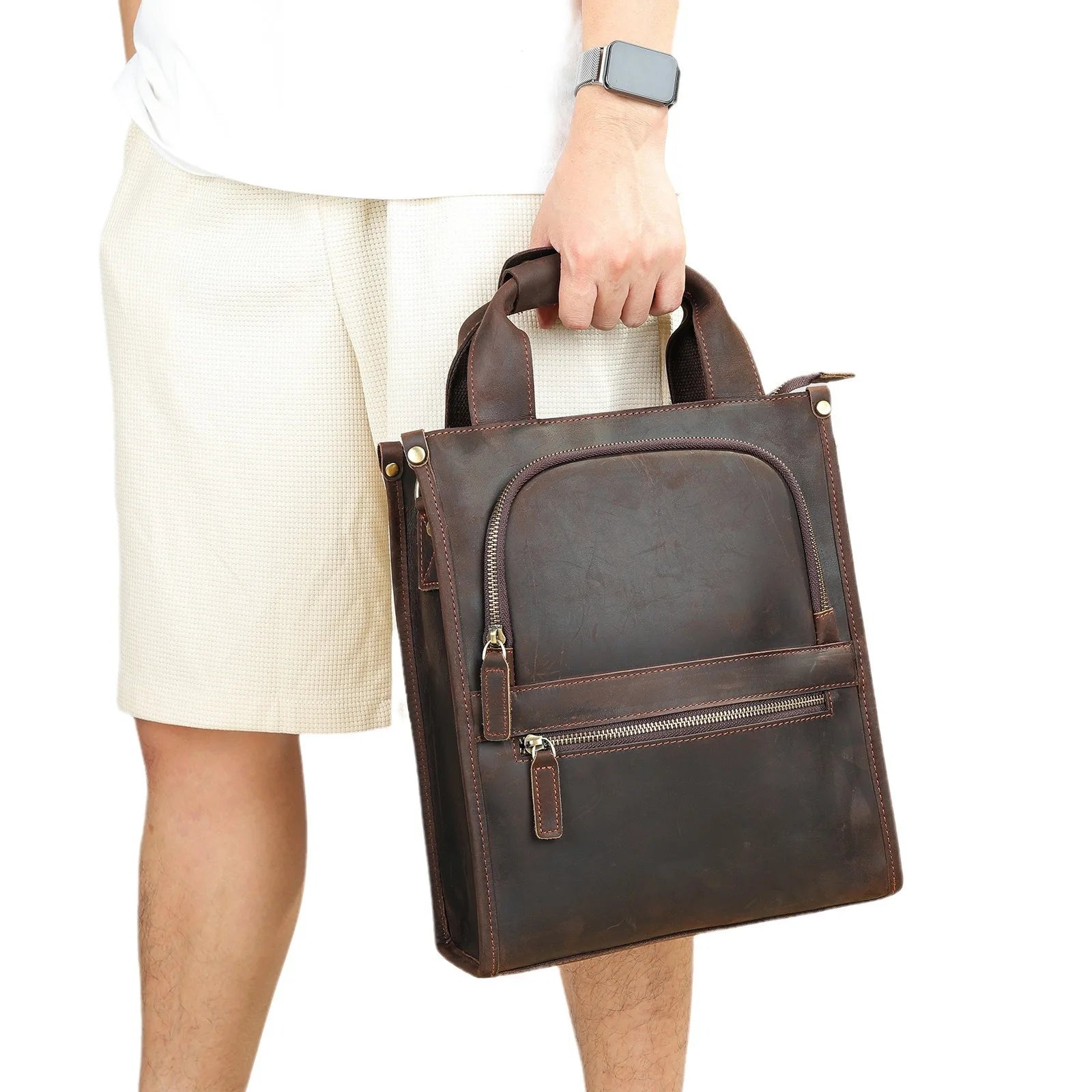 Men's Genuine Leather Solid Pattern Trendy Laptop Shoulder Bag