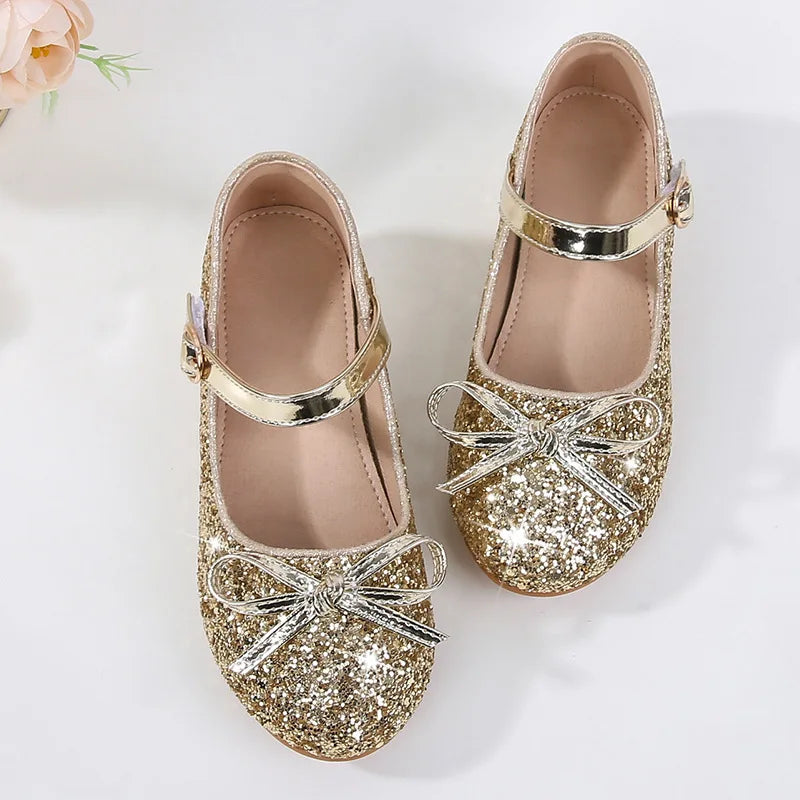 Kid's PU Leather Round Toe Buckle Strap Closure Sequined Shoes