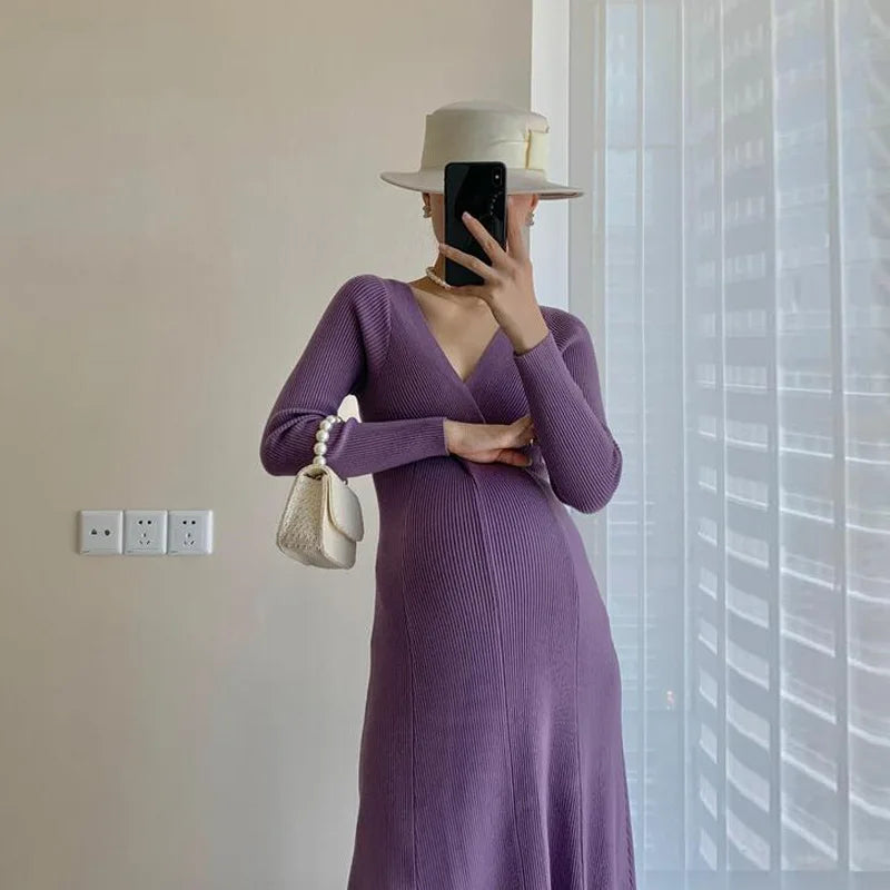 Women’s Acrylic V-Neck Long Sleeves Solid Pattern Maternity Dress