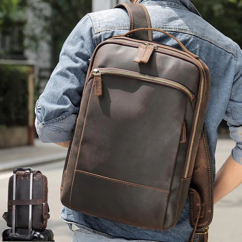 Men's Genuine Leather Zipper Closure Solid Laptop Backpack