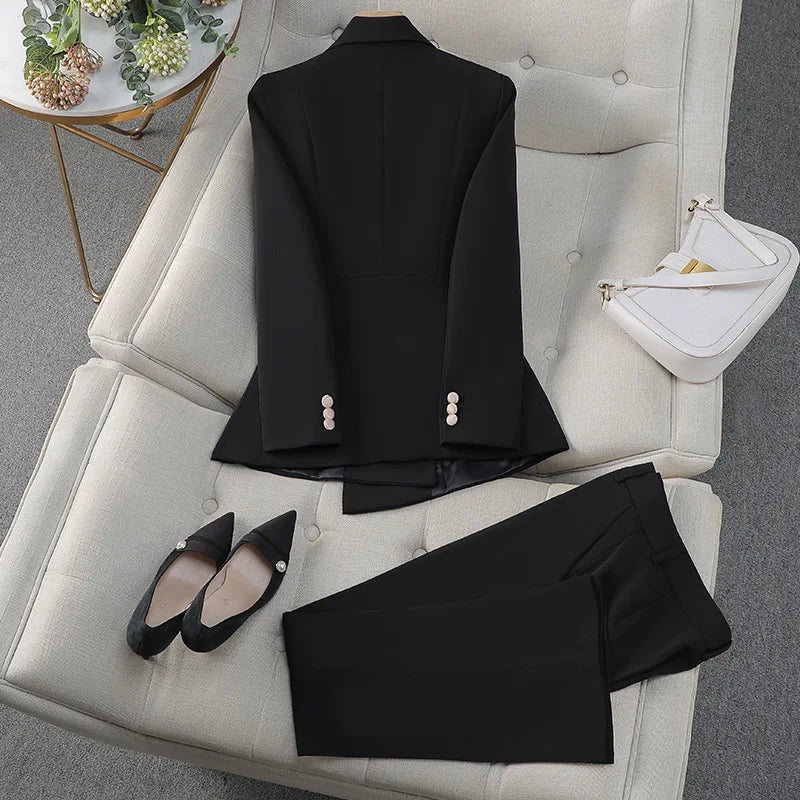 Women's Notched Collar Long Sleeve Double Breasted Blazer Set