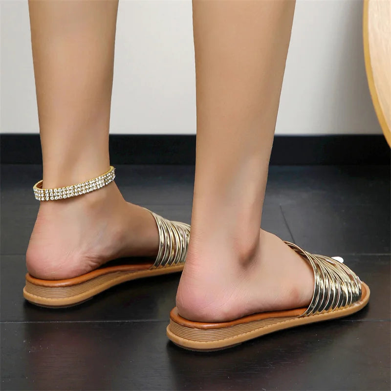 Women's PU Peep Toe Slip-On Closure Casual Wear Flat Slippers