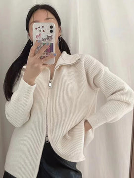 Women's Polyester Turn-Down Collar Full Sleeves Solid Cardigan