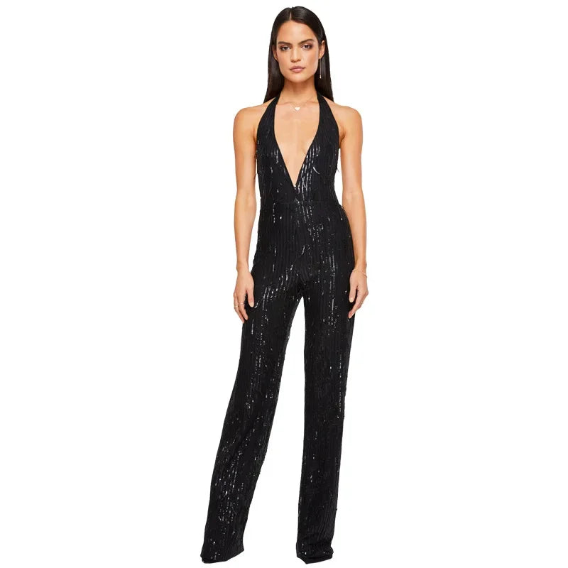 Women's Polyester V-Neck Sleeveless Sequined Pattern Jumpsuit