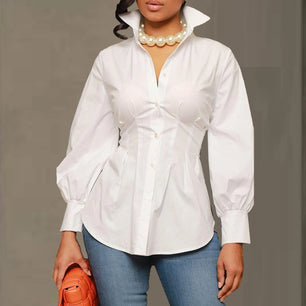 Women's Polyester Turn-Down Collar Long Sleeves Solid Blouse