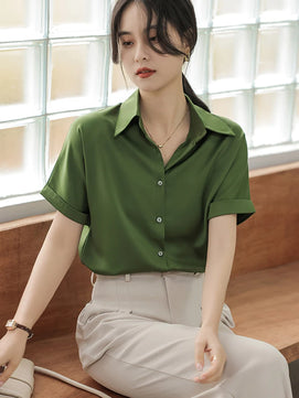 Women's Polyester Turn-Down Collar Short Sleeve Casual Wear Blouse