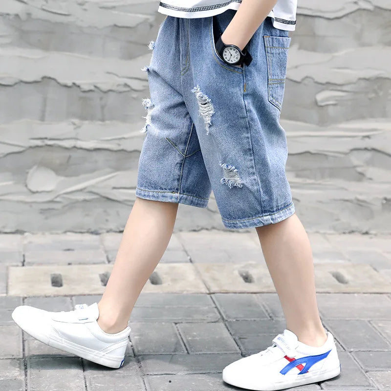 Kid's Boy Cotton Elastic Closure Mid Waist Denim Casual Shorts