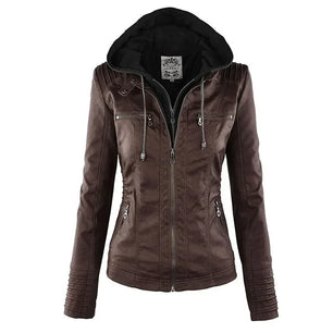 Women's Faux Leather Long Sleeves Solid Pattern Hooded Jacket