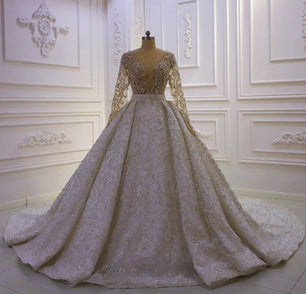 Women's V-Neck Long Sleeves Court Train Bridal Wedding Dress