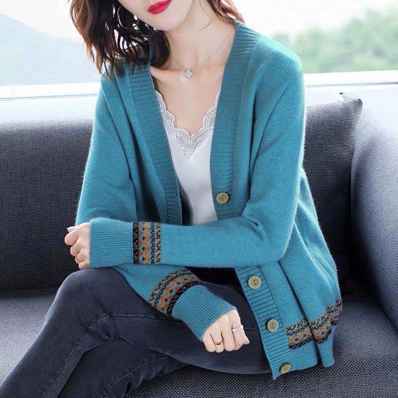 Women's Acrylic V-Neck Full Sleeves Casual Wear Vintage Cardigans