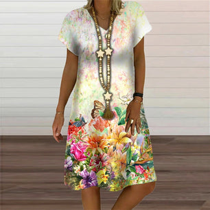 Women's Polyester V-Neck Short Sleeves Floral Pattern Dress