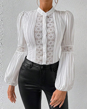 Women's V-Neck Polyester Full Sleeves Patchwork Casual Blouse