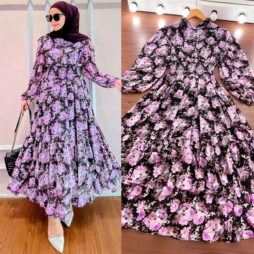 Women's Polyester O-Neck Full Sleeve Printed Pattern Sexy Dress