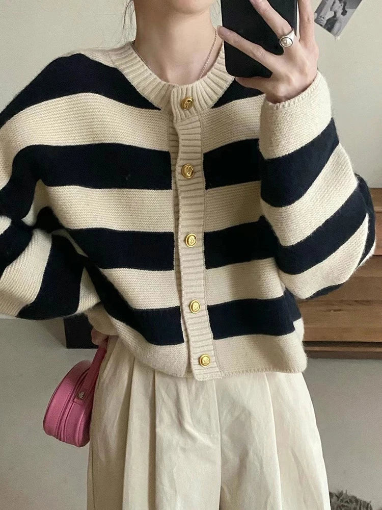 Women's Cotton Long Sleeve Single Breasted Striped Cardigan